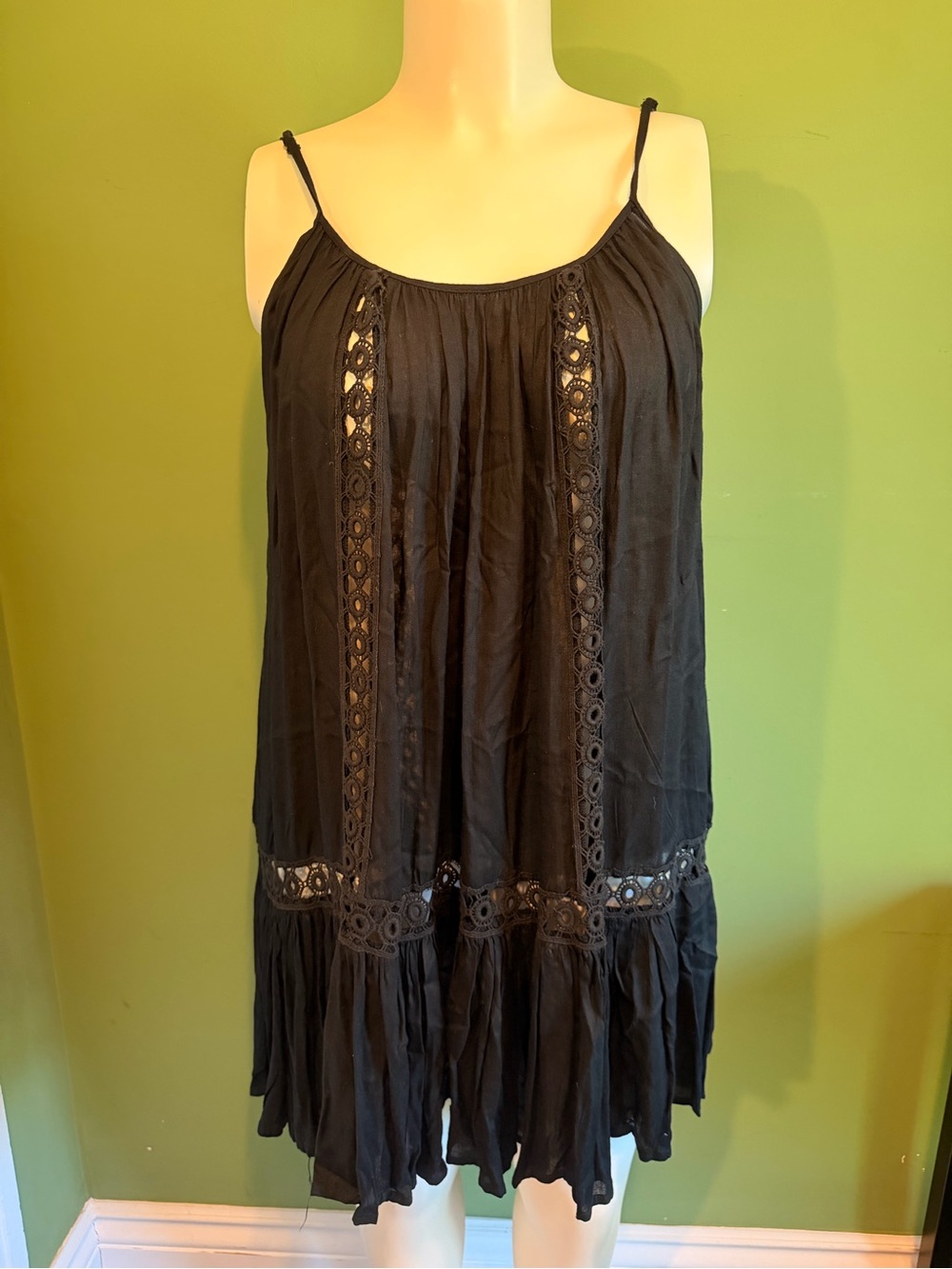 Boho Me Black Crochet-Trim Spaghetti Strap Dress Size L/XL